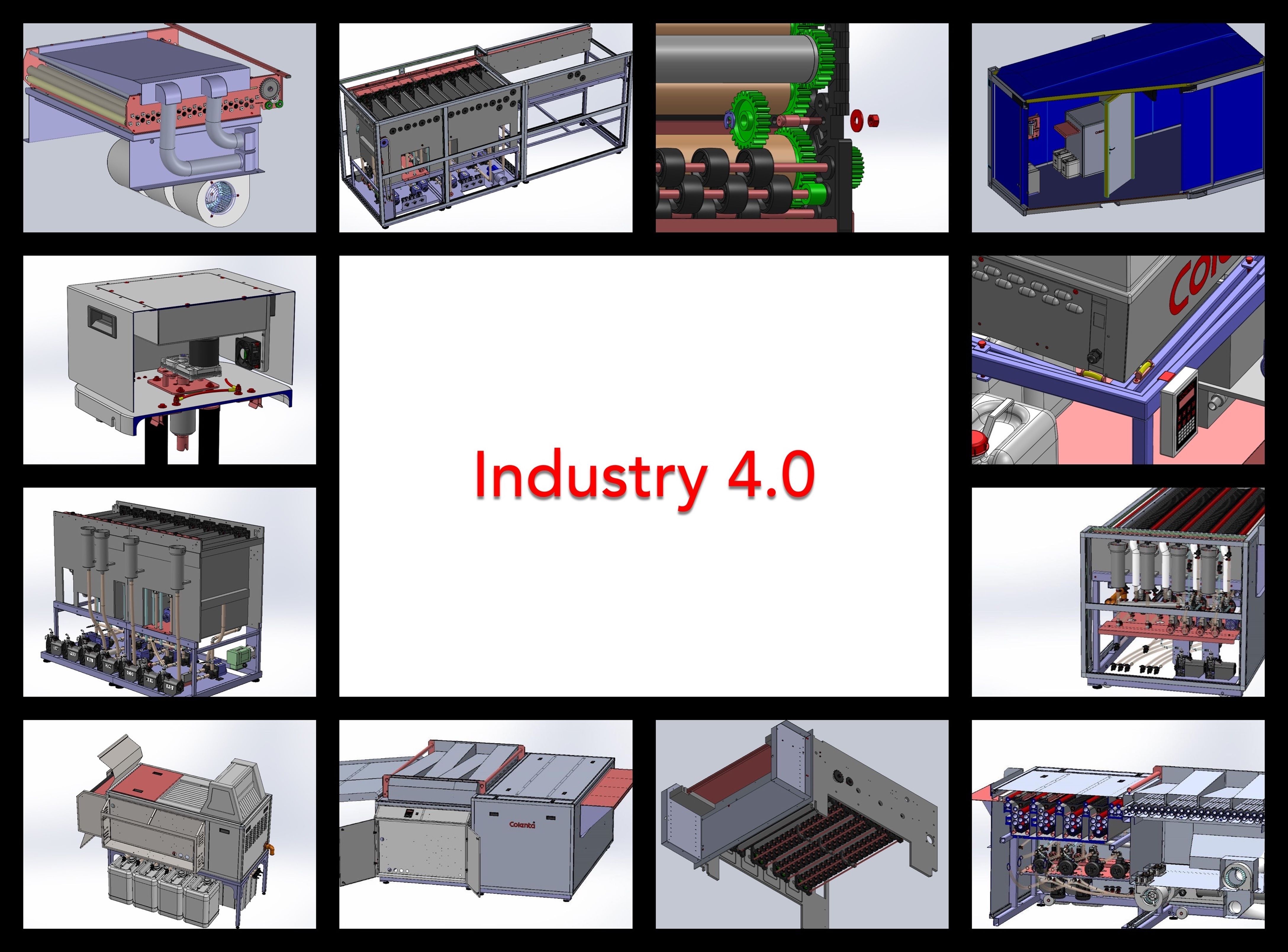 Colenta Industry 4.0 a collage of a variety of technical drawings of Colenta`s Industry 4.0, 3D Cad systens