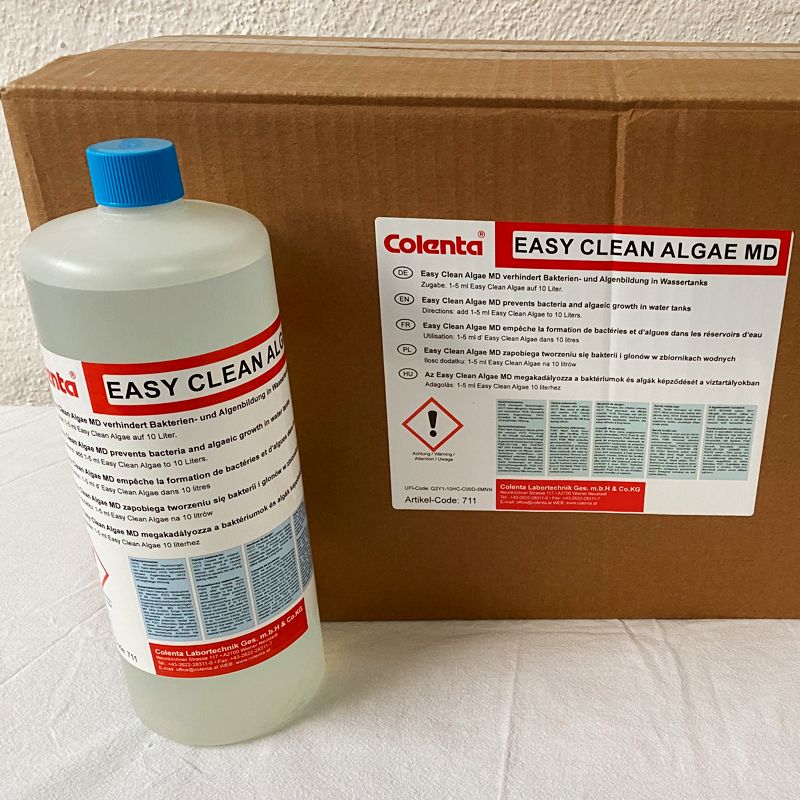 Product picture of a bottle of Colenta EasyClean Algae MD placed in front of its packaging box