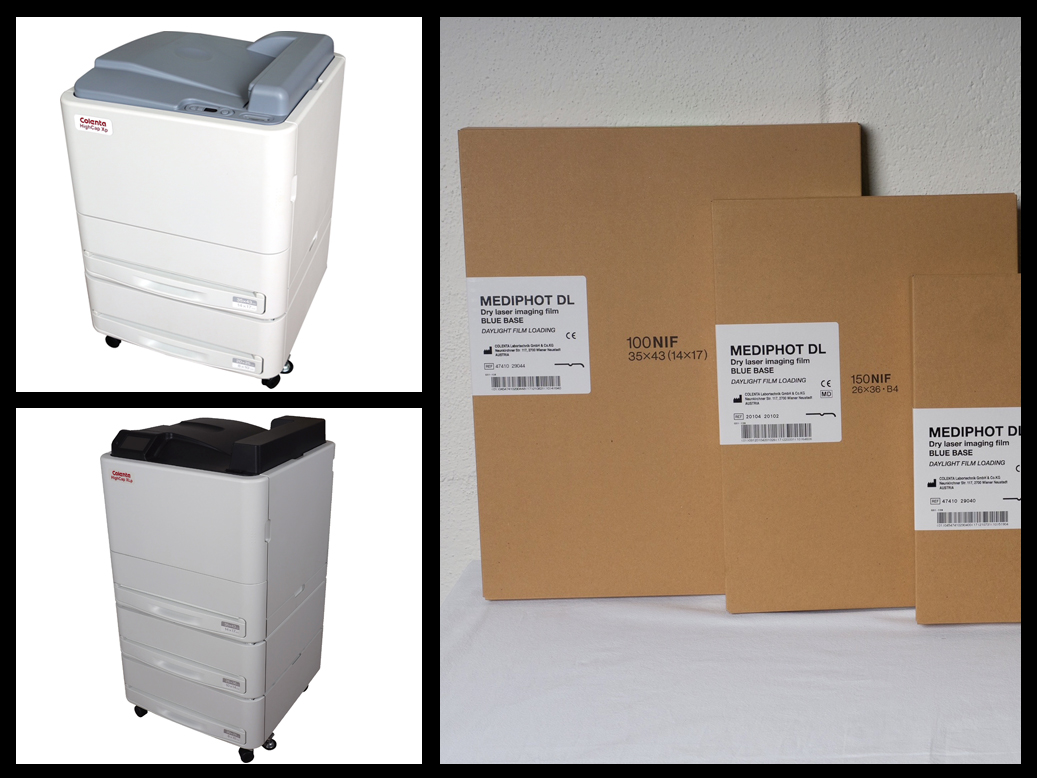 Photo collage of 3 product pictures of the Colenta Dicom printers and severals Dry Laser films