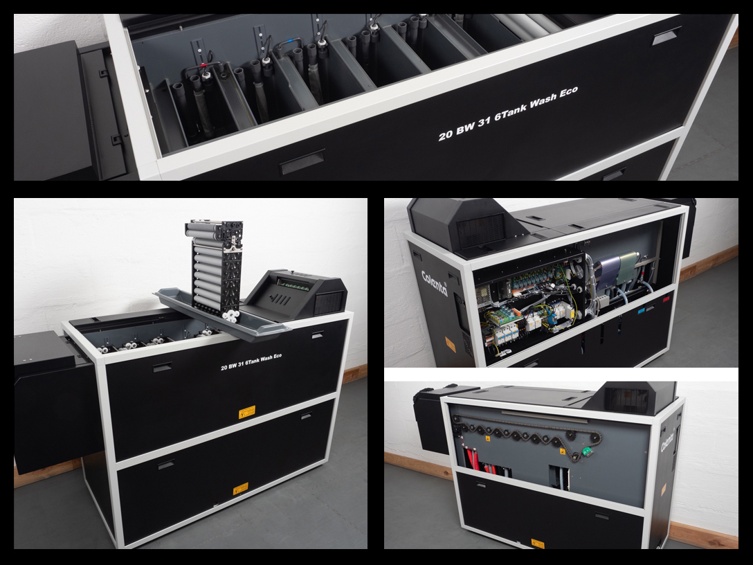 Photo collage of 4 product pictures of the Colenta Photo Processor for Camera Film BW