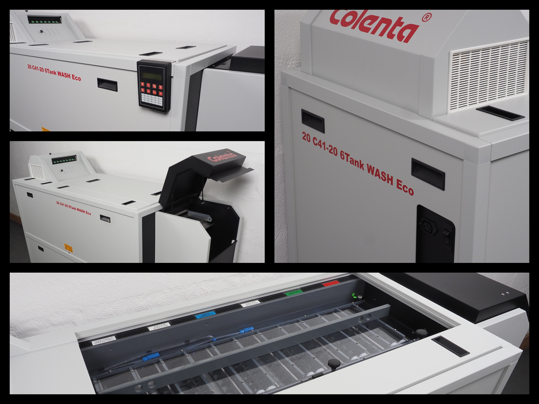 Photo collage of 4 product pictures of the Colenta Photo Processor for Camera Film C41
