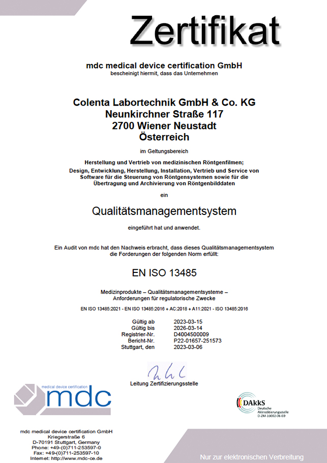 Picture of a Colenta ISO 13485 certificate in German language