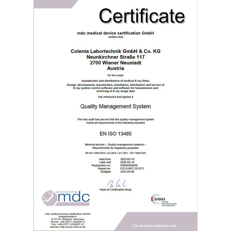 Picture of the Colenta Healthcare certificate ISO 13485