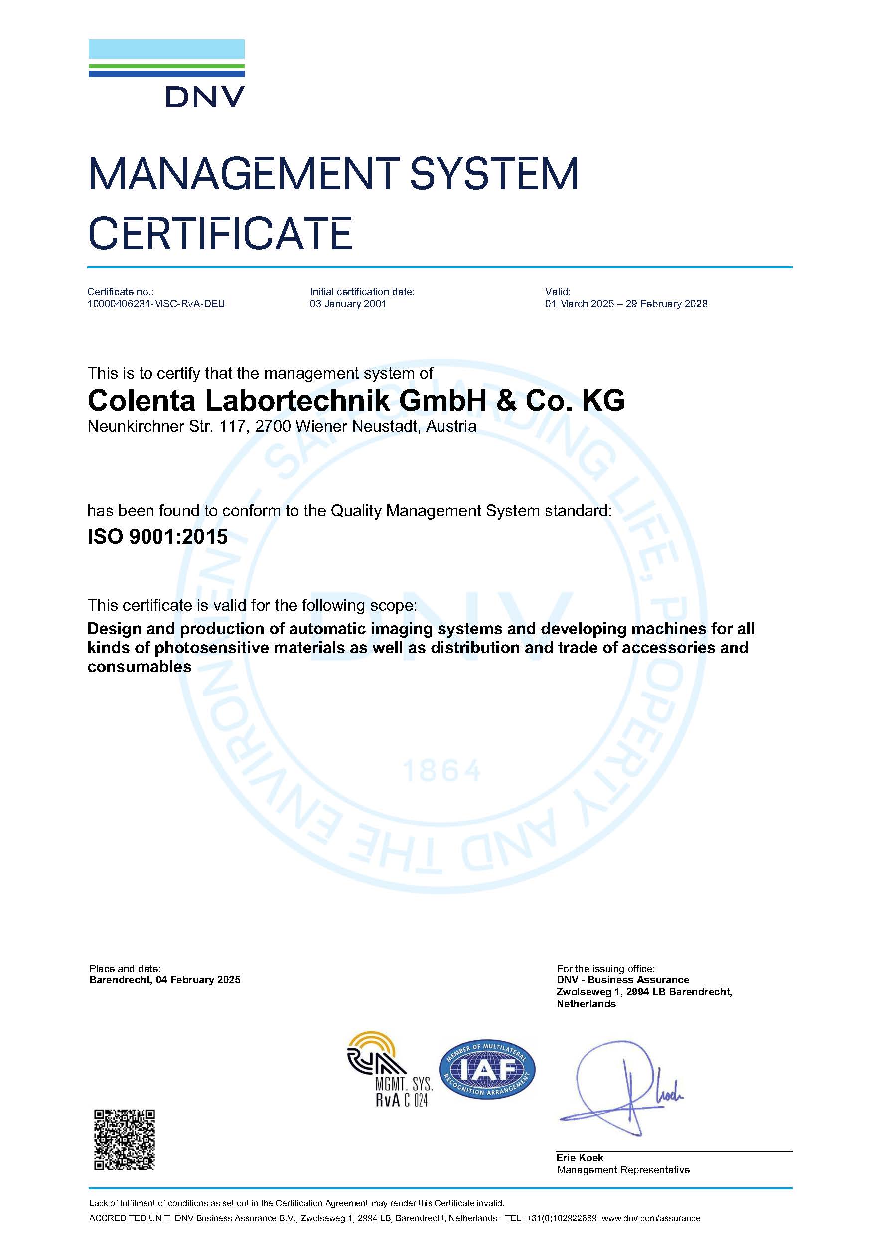 Picture of the Colenta ISO 9001 certificate in English language