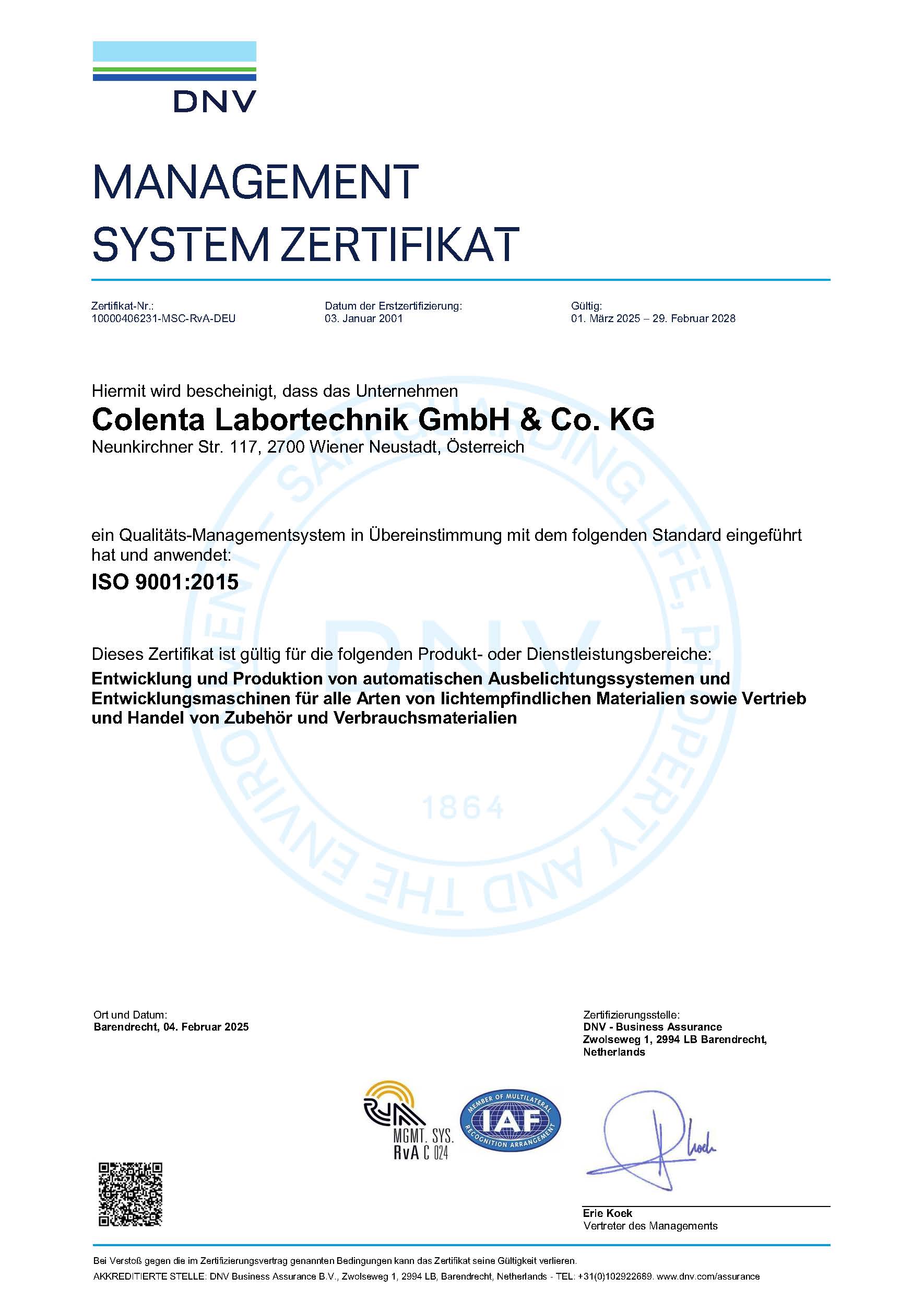 Picture of the Colenta ISO 9001 certificate in German language